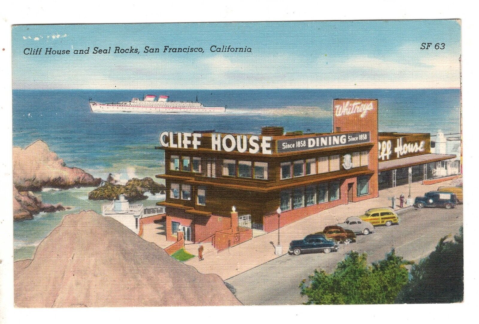 San Francisco Postcard CA Cliff House Ocean Liner Seal Rocks Old Cars Vintage