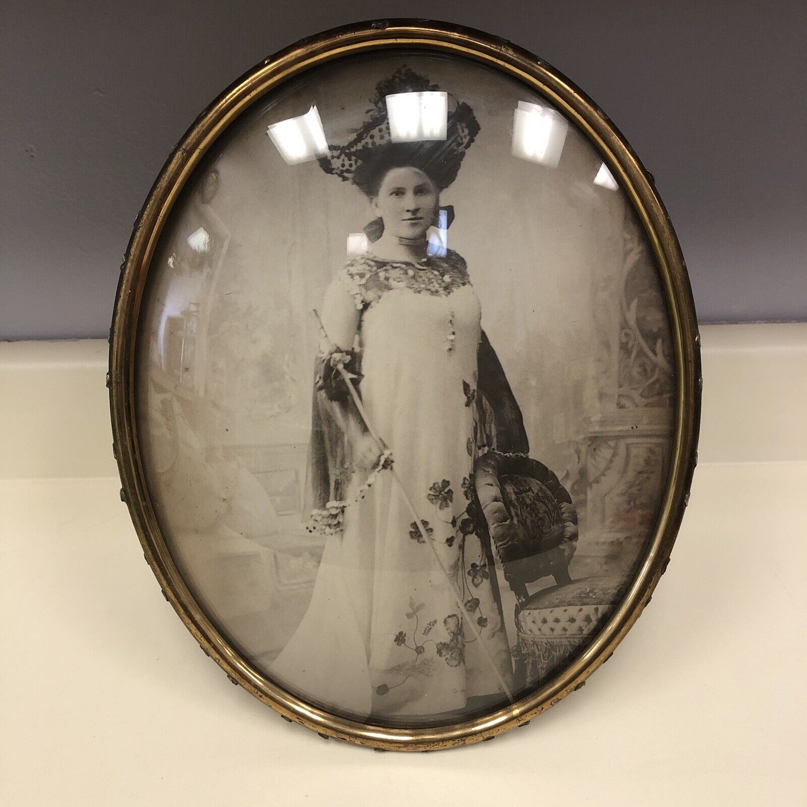 Antique Victorian Oval Brass Metal Convex Bubble Glass Portrait Girl 14x11