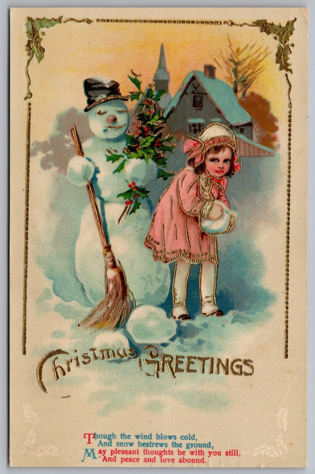 Postcard Christmas Greetings Girl Snowman Gold Highlighting Embossed *C5380