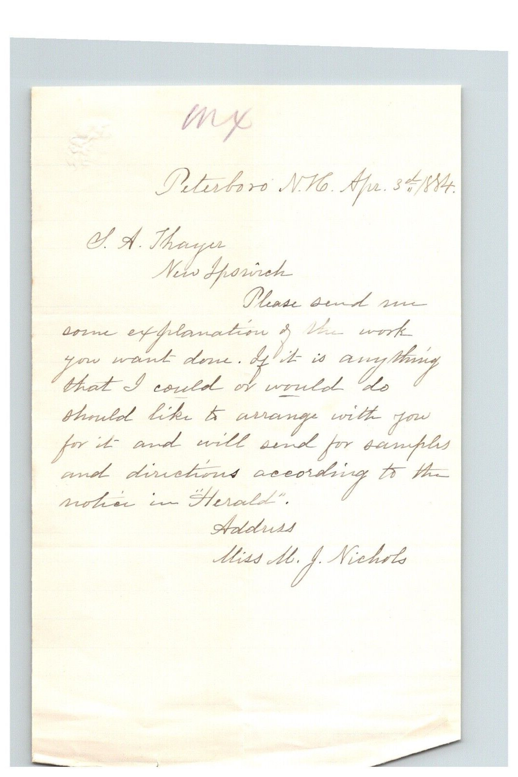 1884 Handwritten Letter Ms MJ Nichols Peterboro NH New Hampshire History Stamp