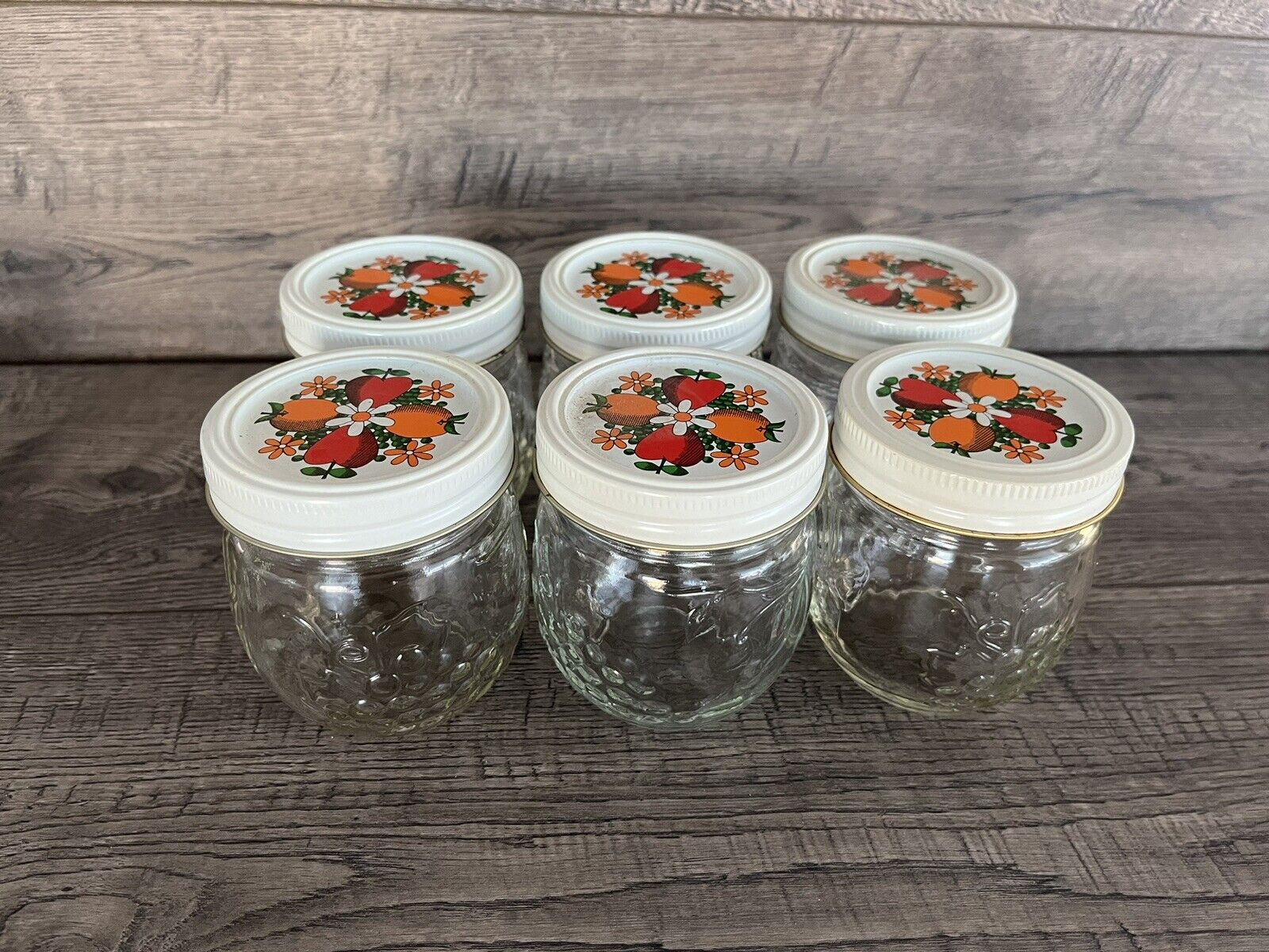 6 Vtg Kerr Fruit Decorated Jam & Jelly 8 oz Canning Jars 70610-00105 White Lids