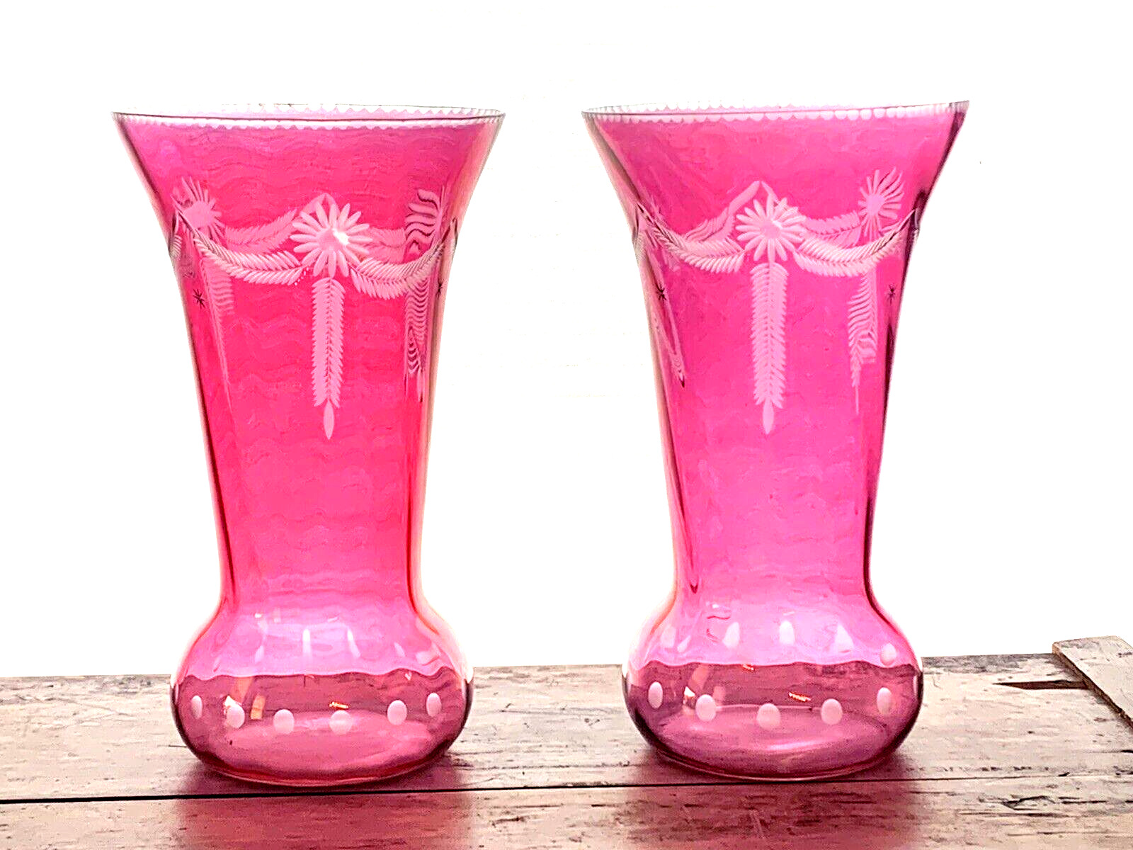 Antique Bohemian Cranberry Swirl Cut Glass Vase 10\