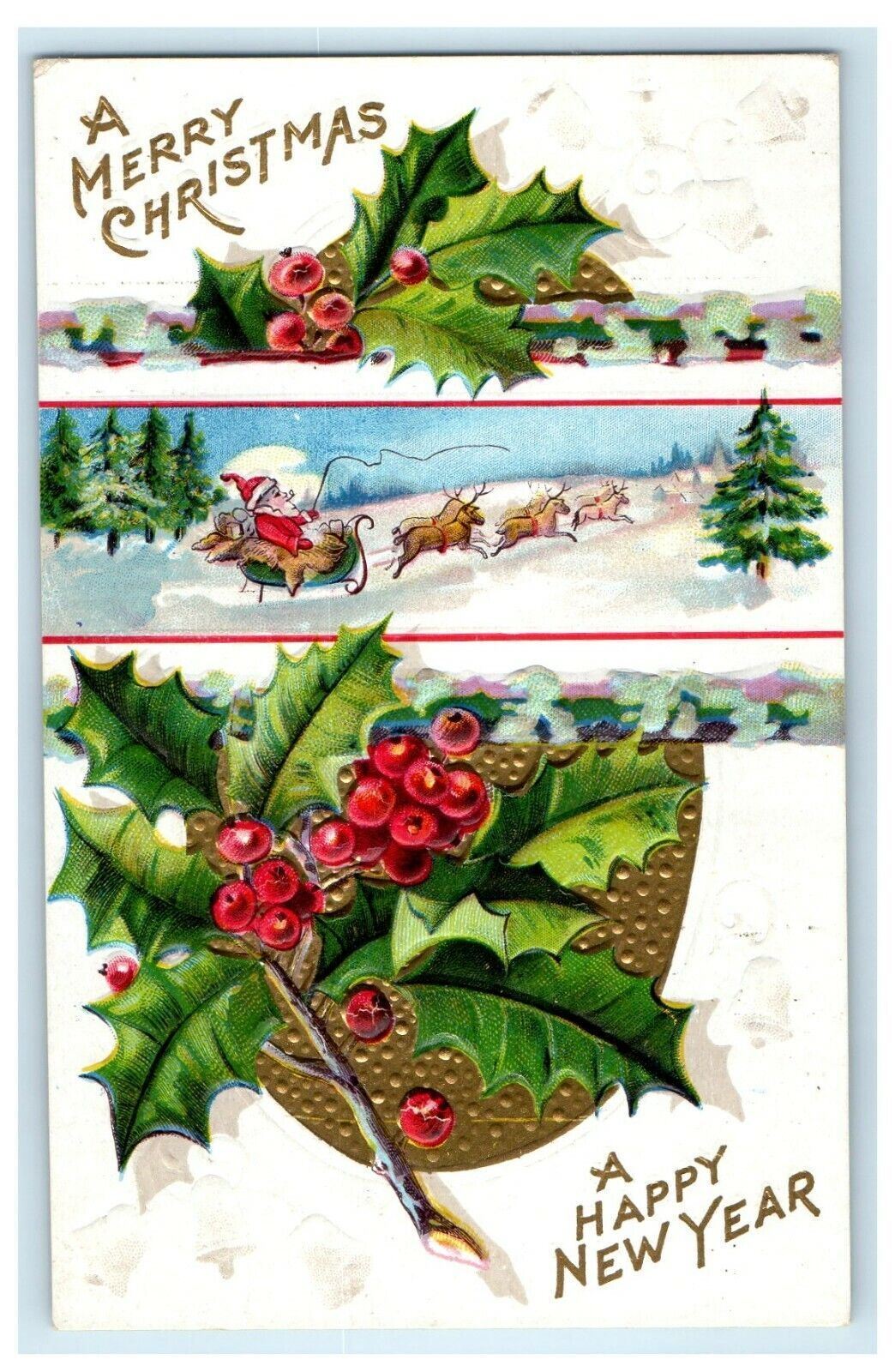 c1910 New Year Holly Berries Santa And Reindeer Snow Winter Embossed Postcard