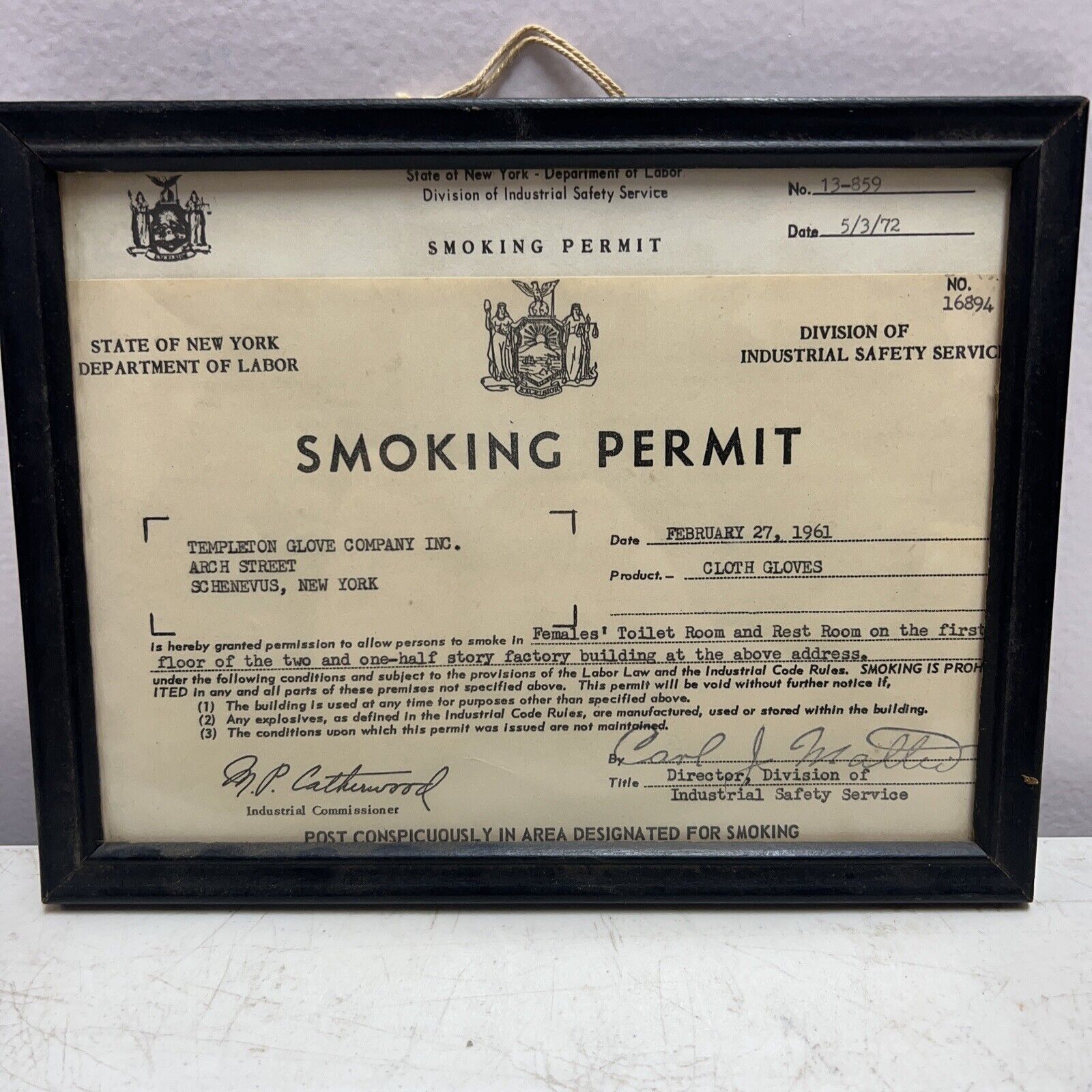 RARE Vintage NYS Smoking Permit Schenevus 