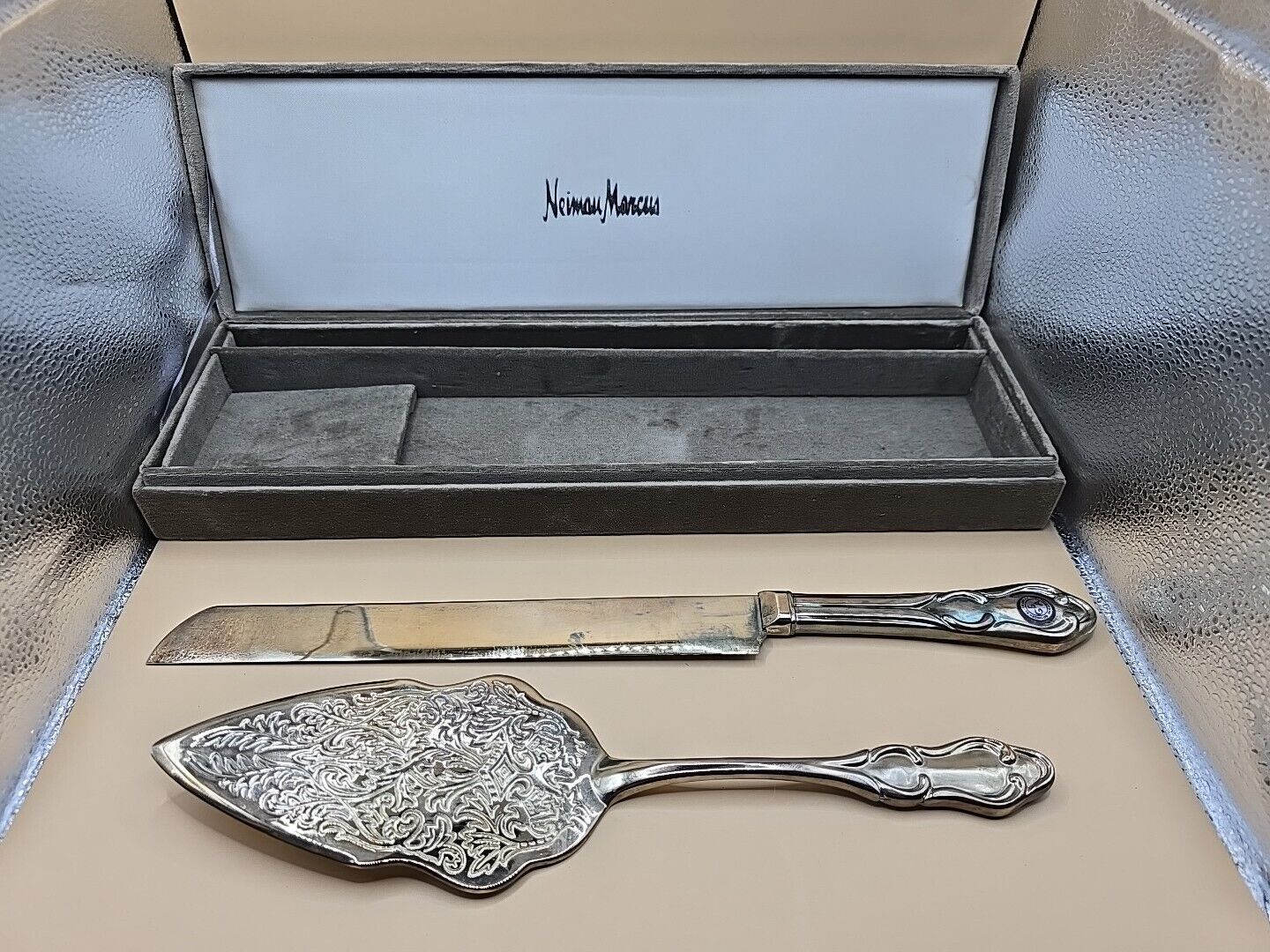 NEIMAN MARCUS-Vintage Silver Spatula&Knife Set-Orig Case-Godinger Silver Art Co.
