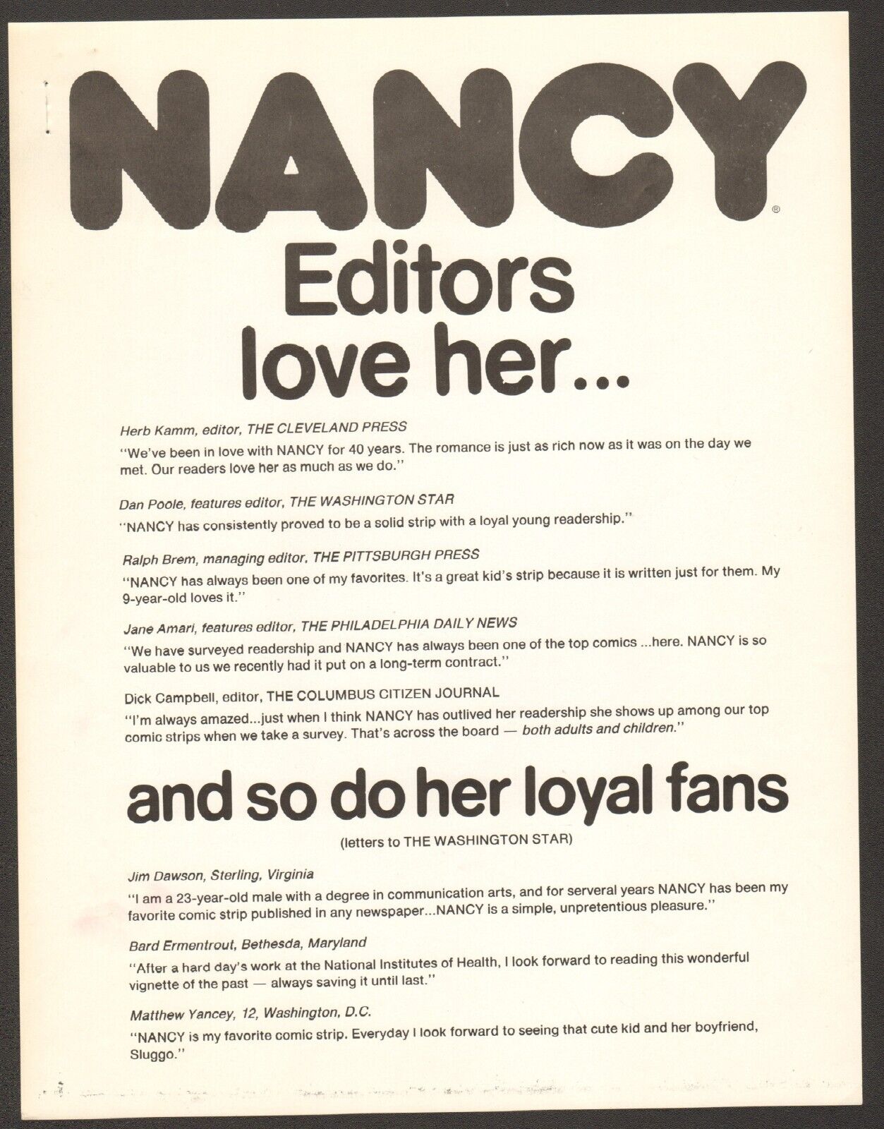Vintage Nancy Licensee Promotional Materials Character Info, Sample Strips...