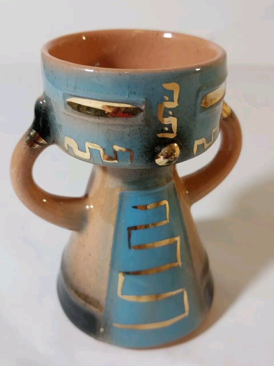 Mid Century Zuni Spaceman Art Pottery Candlestick Kitch Blue & Gold 3 3/4\