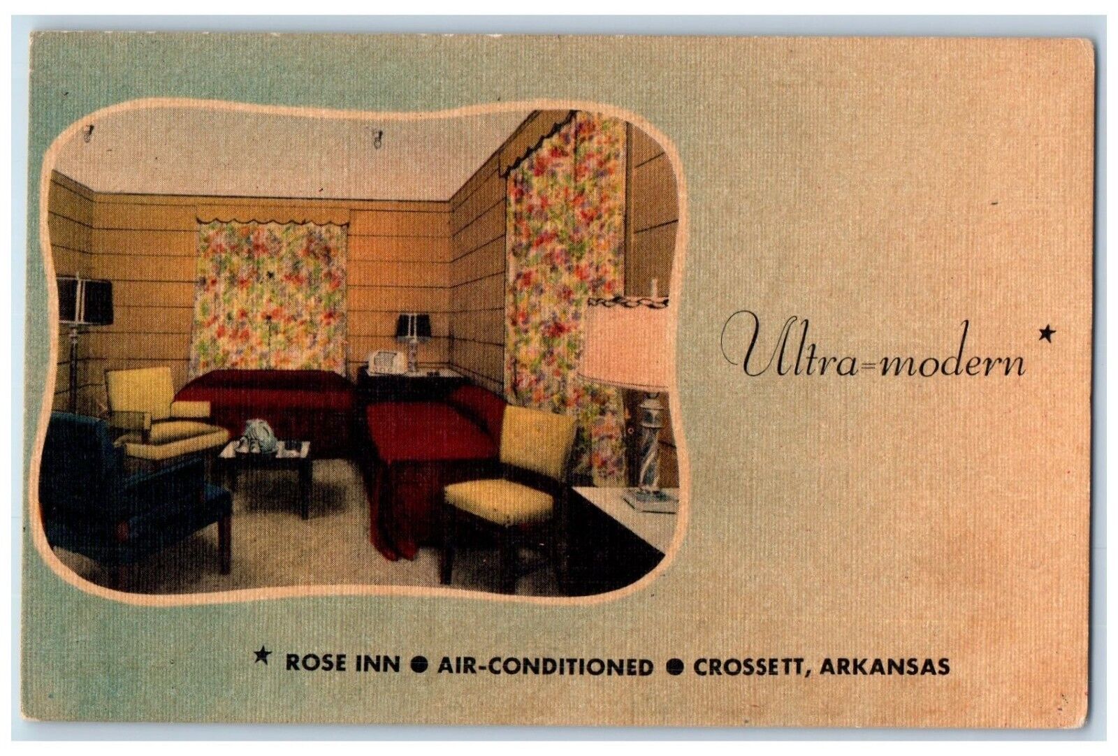 Crossett Arkansas AR Postcard Rose Inn Ultra Modern Interior View c1940 Unposted