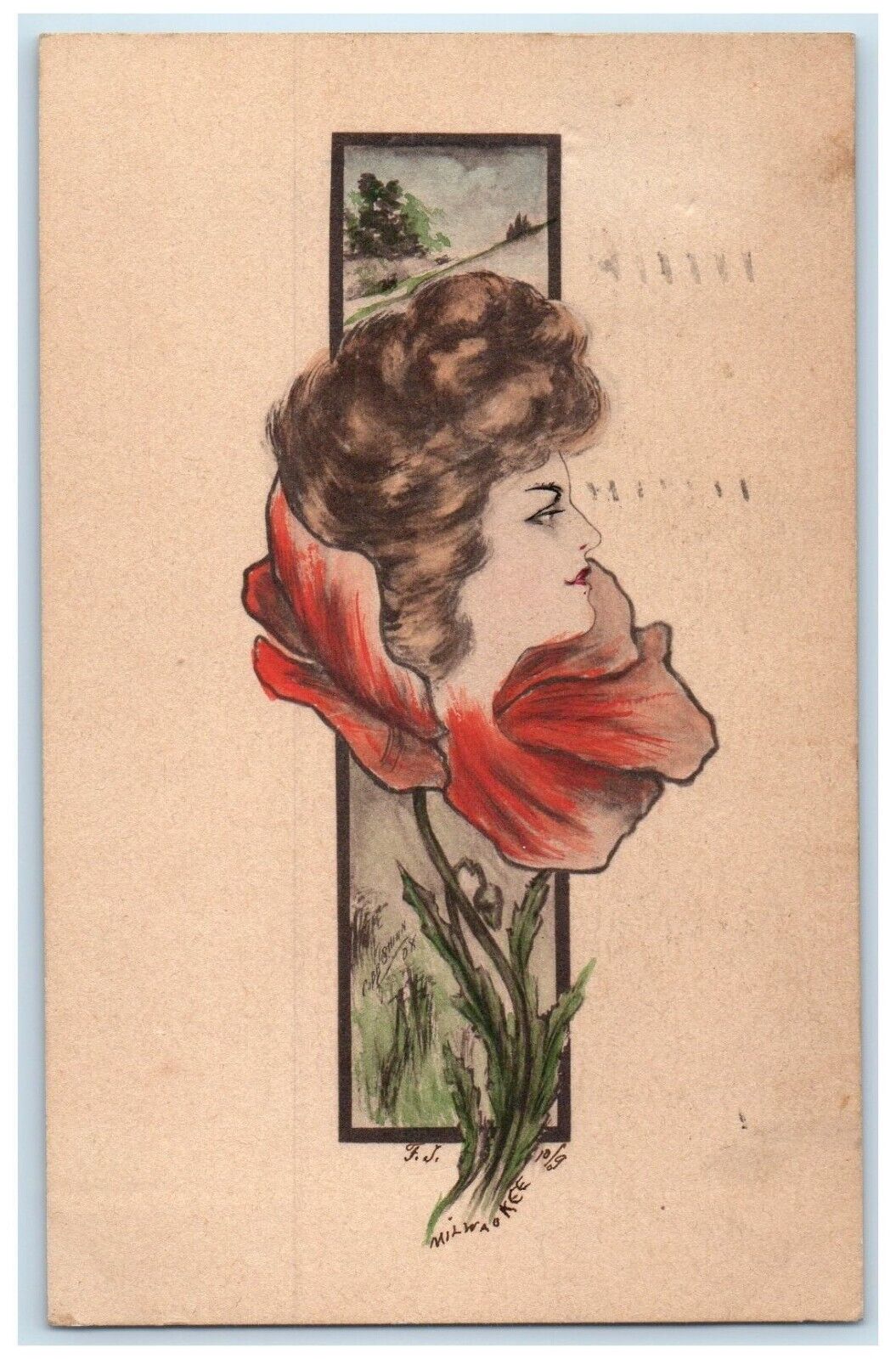 1909 Pretty Woman In Flower Hand Painted Art Milwaukee Wisconsin WI Postcard