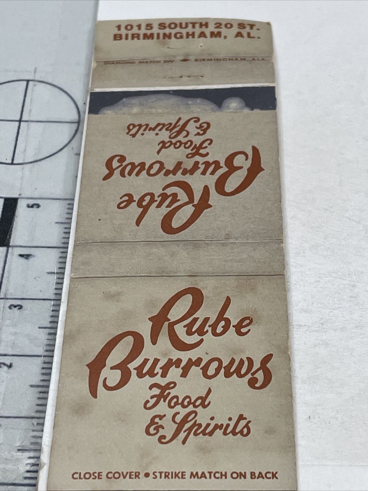 Vintage Matchbook Cover  Rube Burrows Food & Spirits  Birmingham, AL  gmg Foxing