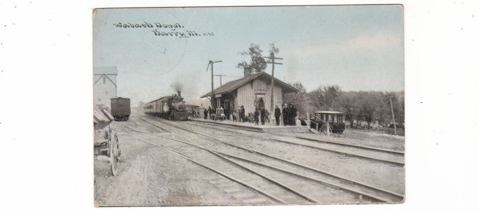 Wabash Railroad Depot antique postcard / Barry, Illinois / 1910 cancel / tinted