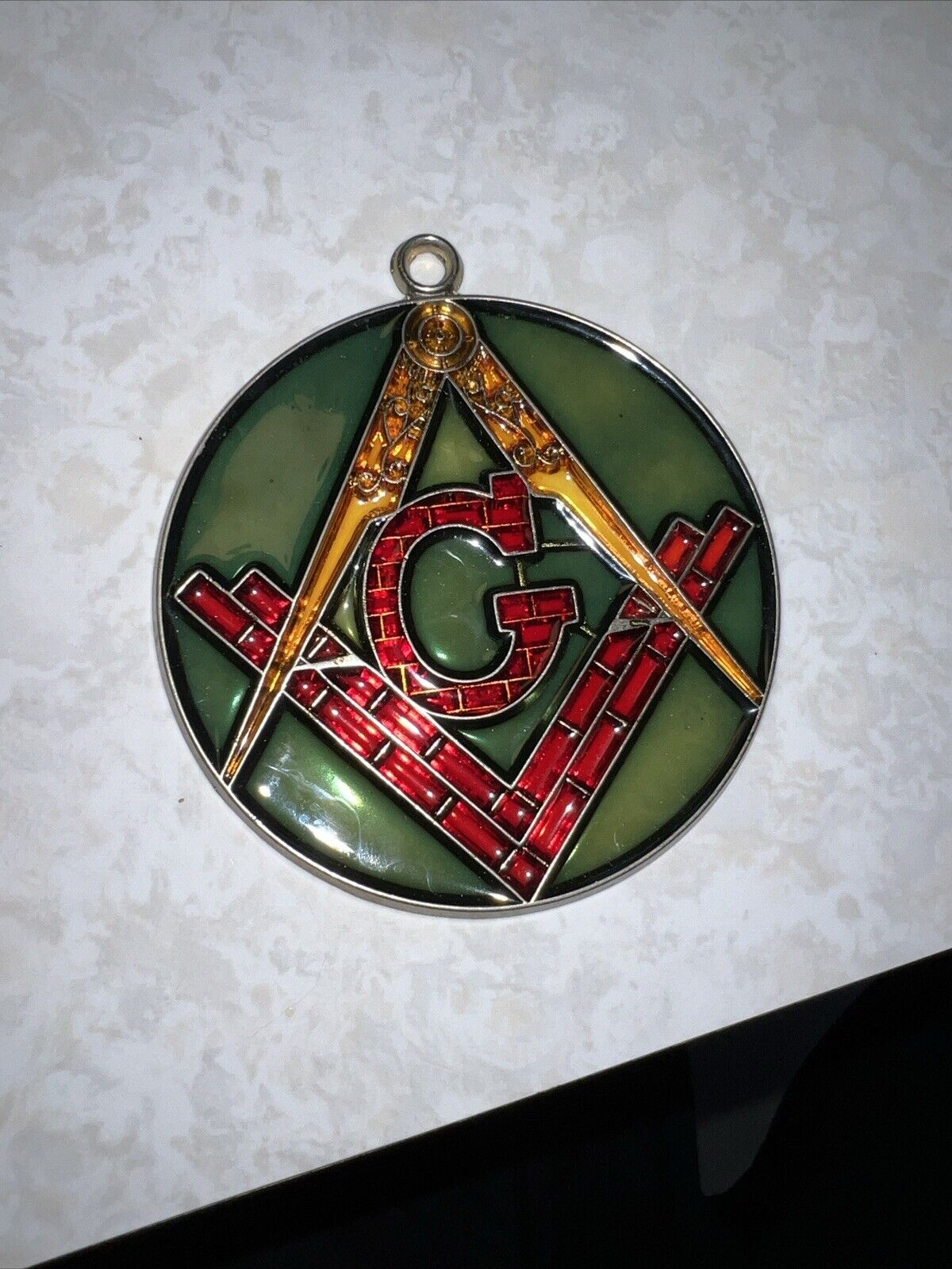 Vintage Freemason Masonic Symbol Stained Glass Suncatcher Ornament 3.75 inch