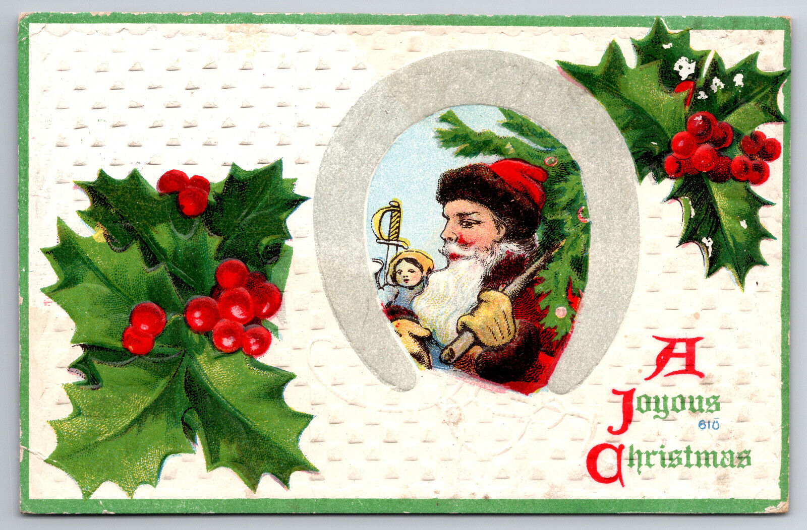 Christmas Postcard Santa Horseshoe Toys & Holly Posted Jackson Mi. Dec. 22, 1910