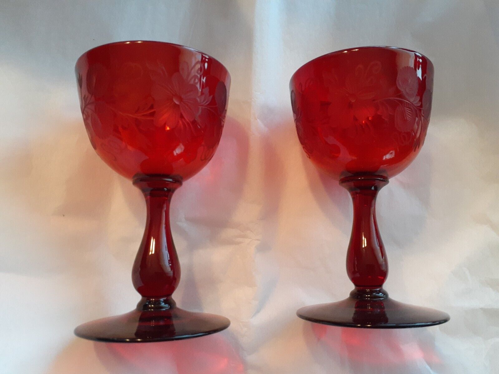  STEUBEN Glass GOBLETS Cardinal red  FREDERICK CARDER lot of 2 RARE Etched