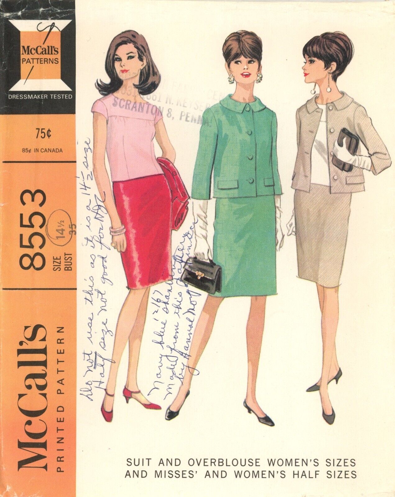 McCall's 8553 Suit & Overblouse w 3-Section Slim Skirt HALF Sz 14.5 CUT COMPLETE