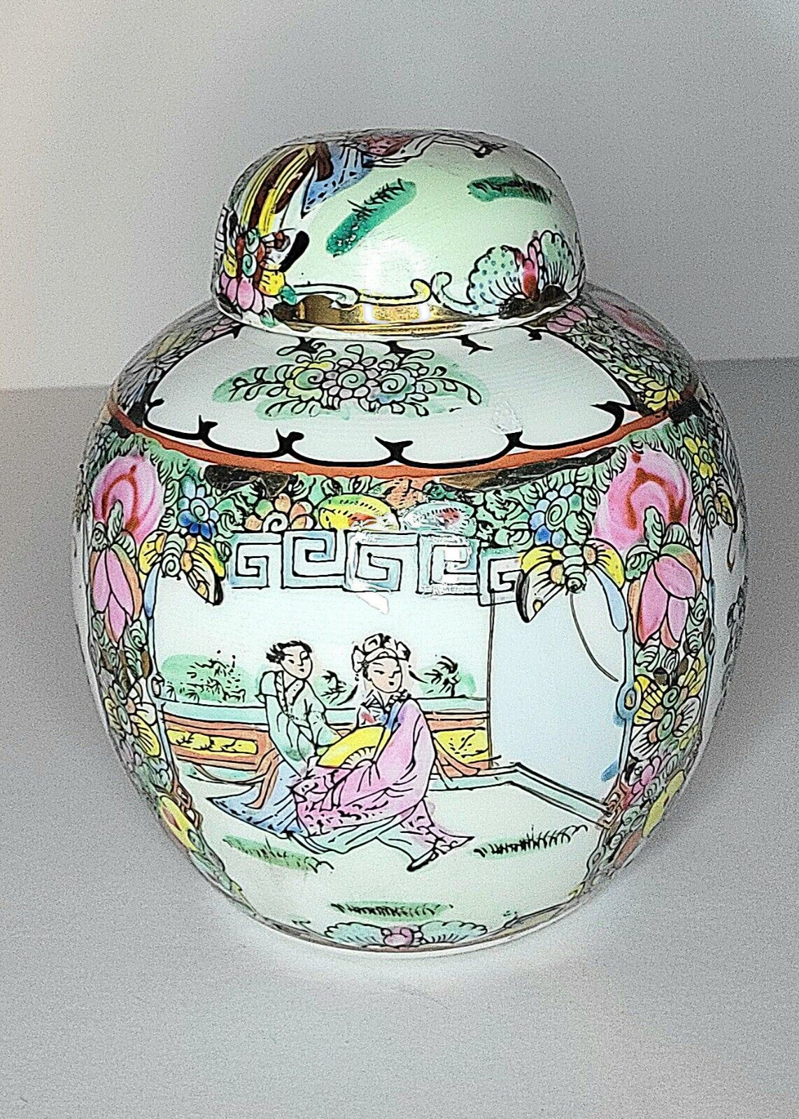 Chinese Rose Medallion Ginger Jar Man and Woman  Flowers Marked Vintage