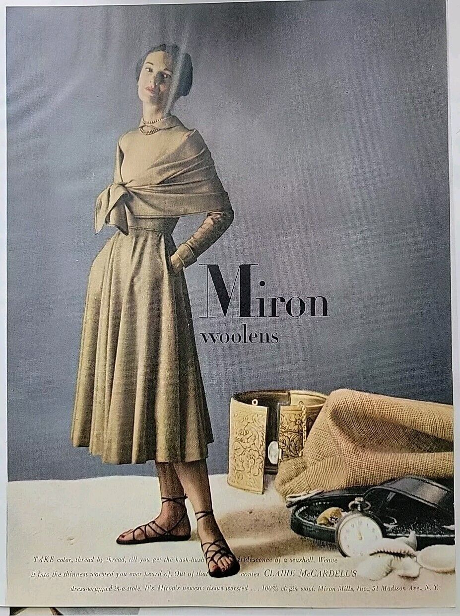 1948 Women's Claire McCardell Miron Woolens Dress Vintage Fashion ad