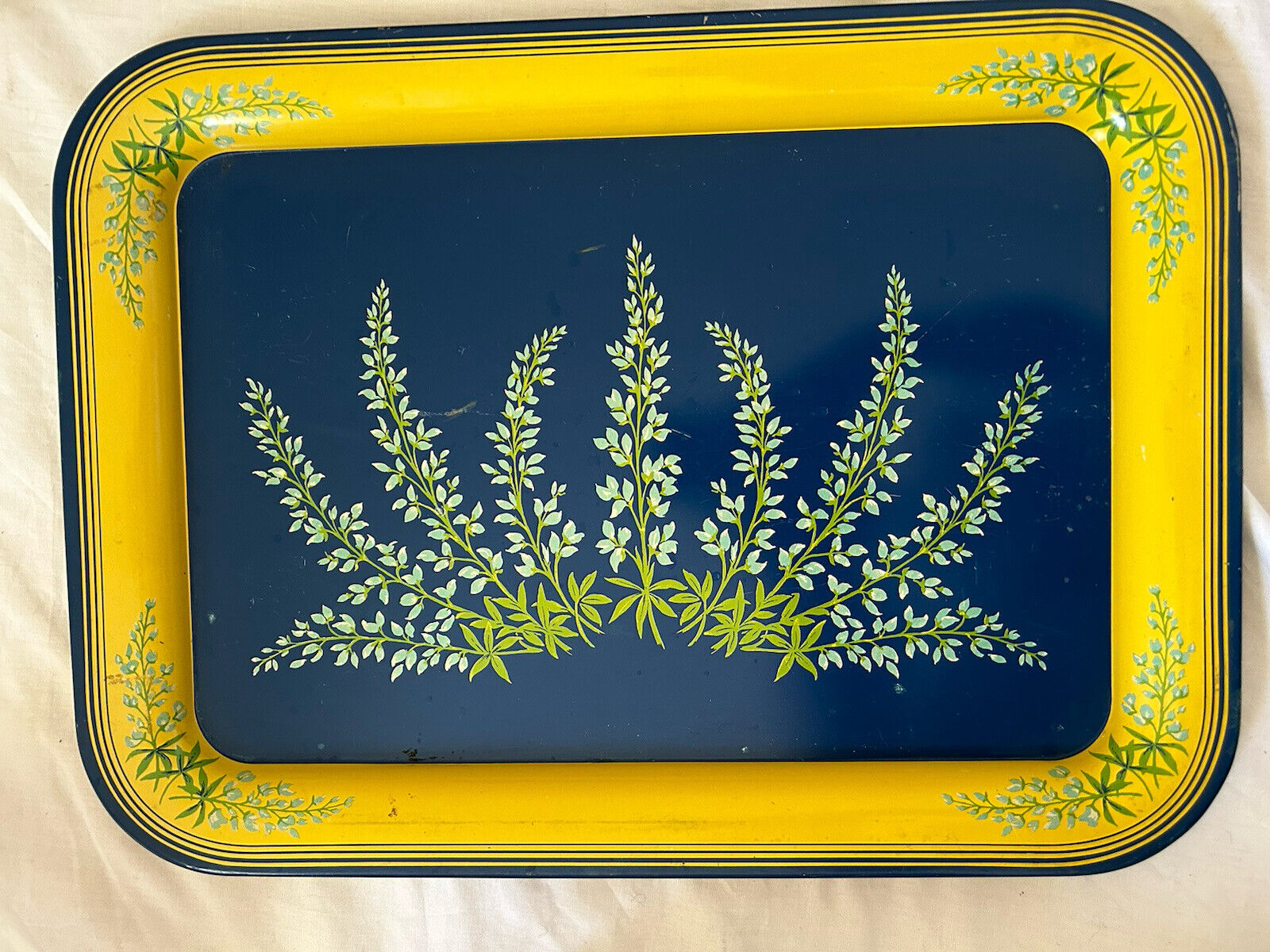 Vintage Metal Serving Tray Floral  Blue Yellow Flower 17.5\