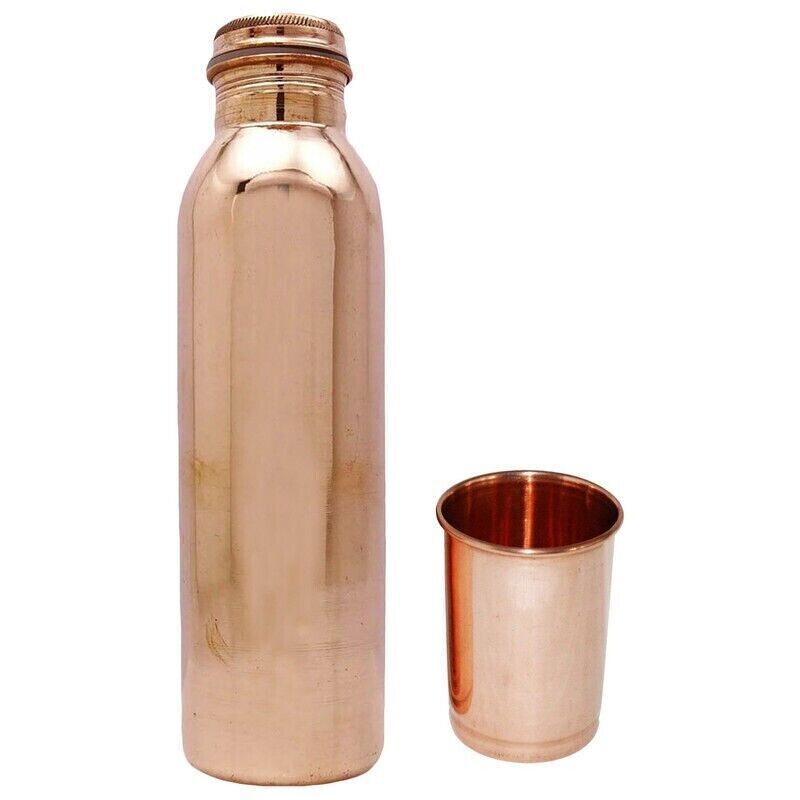 Pure Copper Handmade Vessel Water Bottle With Glass Leak Proof Yoga Ayurveda