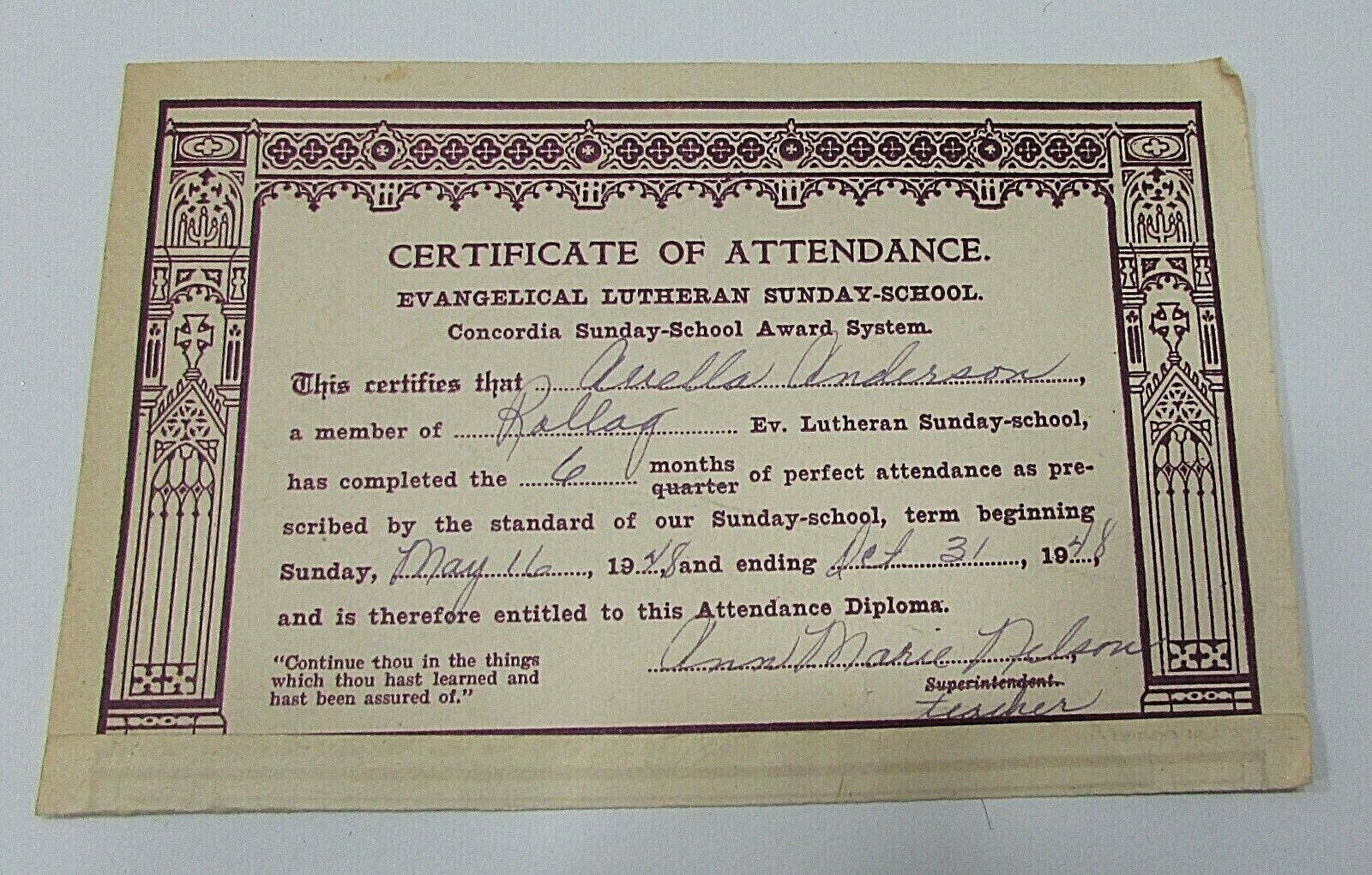 Old 1948 Certificate Attendance Rollag MN Evangelical Lutheran Sunday School