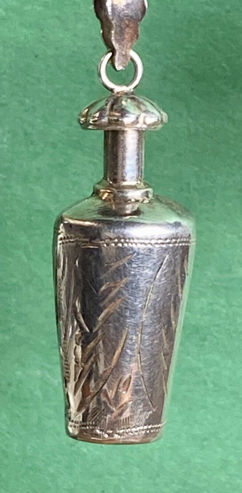 ANTIQUE ETCHED STERLING SILVER PENDANT CHARM  PERFUME BOTTLE FLASK W APPLICATOR
