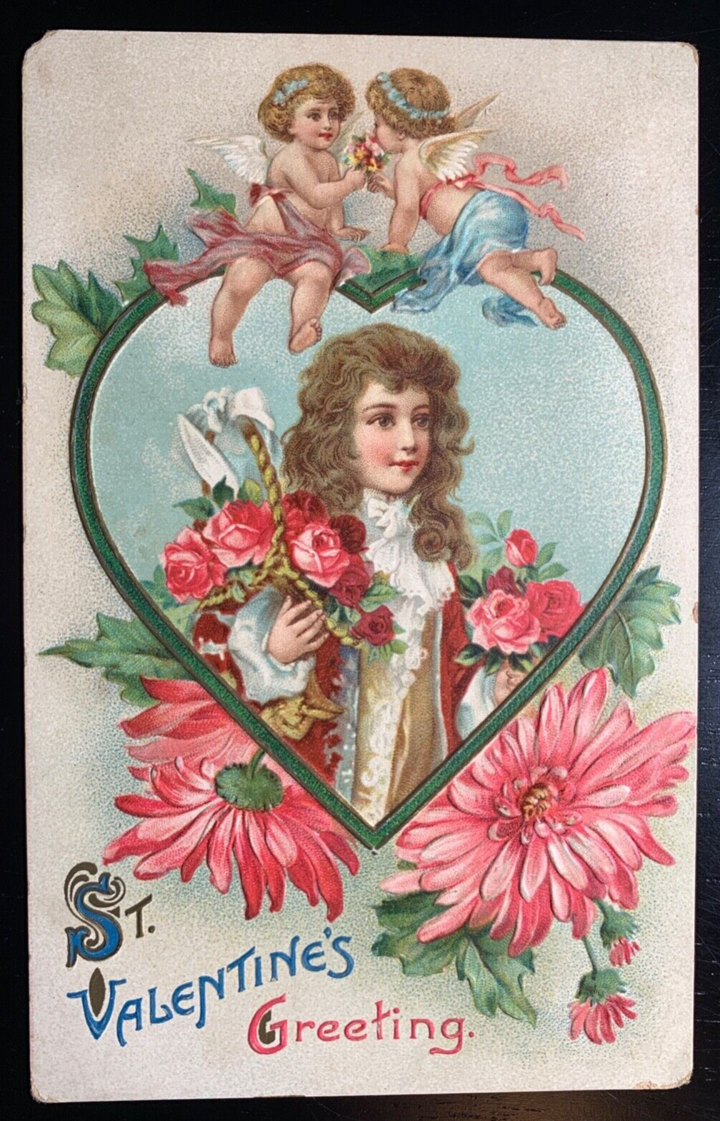 Postcard Valentine Greeting -  Angels Cherubs Flowers
