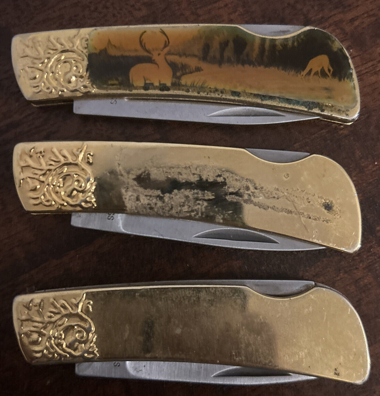 3 Vintage Gold Color Folding Blade Knife Unknown Brand