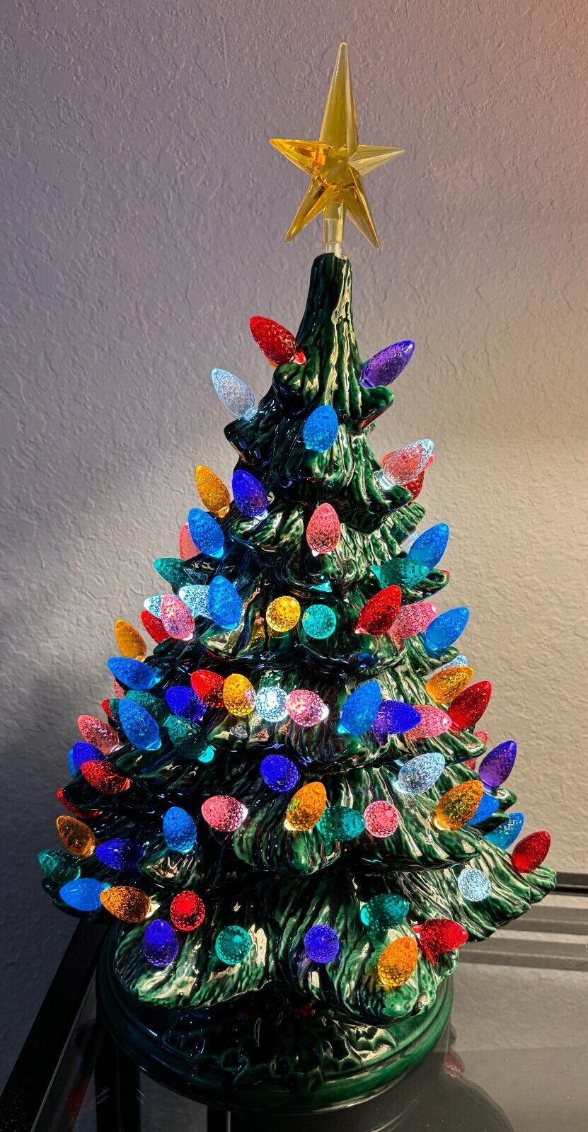 VTG Ceramic Christmas Tree Multicolor peg lights music box holly base 20