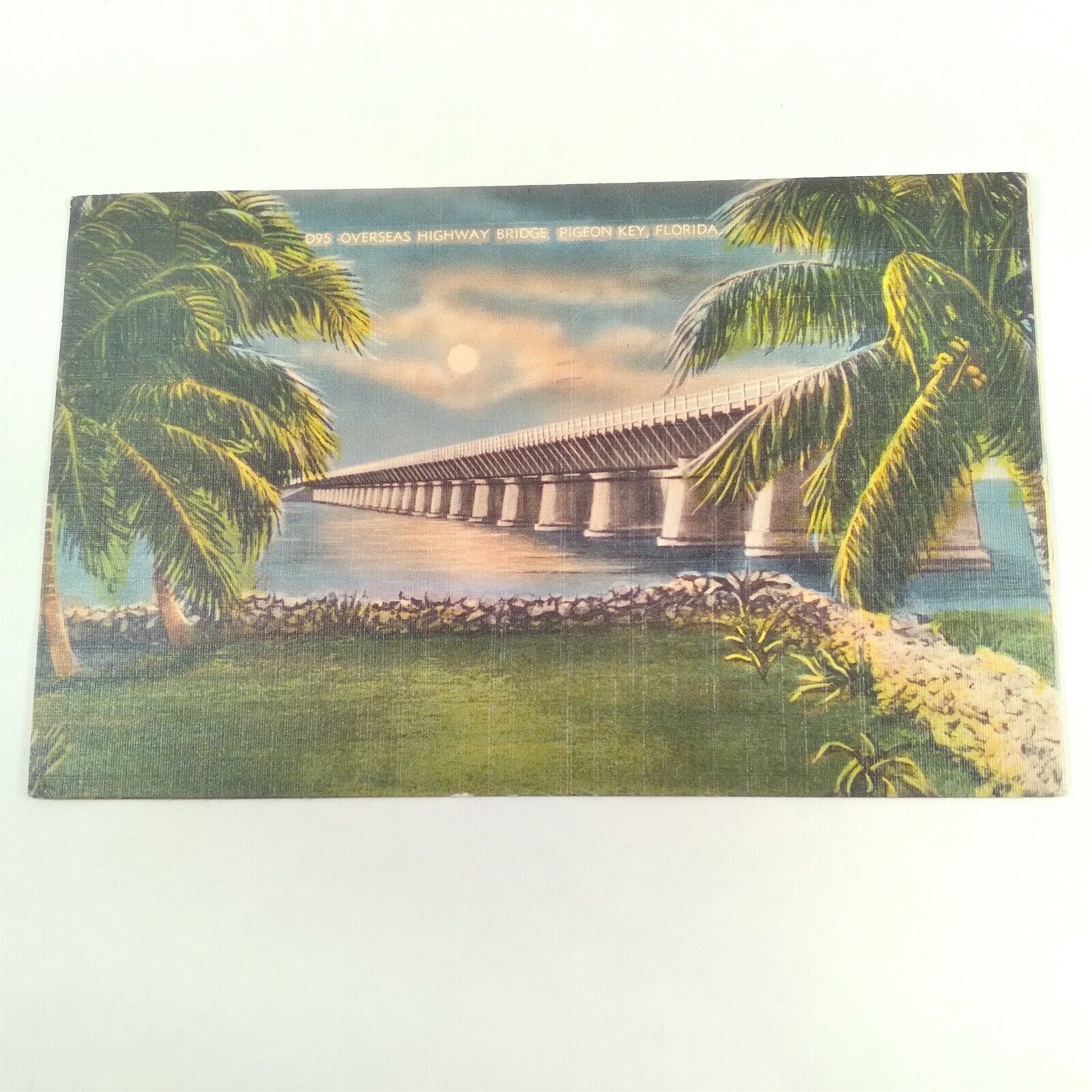 Pigeon Key Florida -Overseas Highway Bridge- Moonlit Postcard Posted 1946