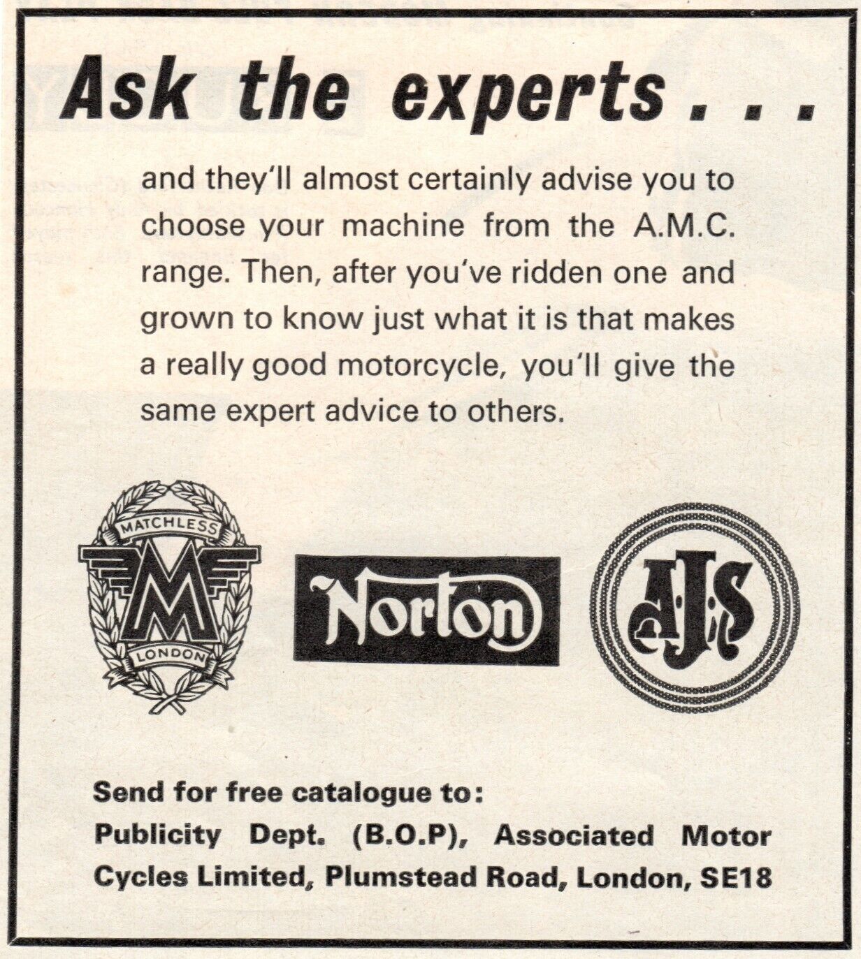 Vintage Associated Motor Cycles Advert - Original 1965 - Matchless/Norton/AJS