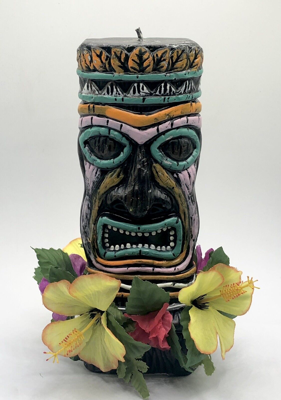 Vintage Hawaiian Tiki Idol God Figure Kane Wax Candle 9.5” w/ Lei Double Sided