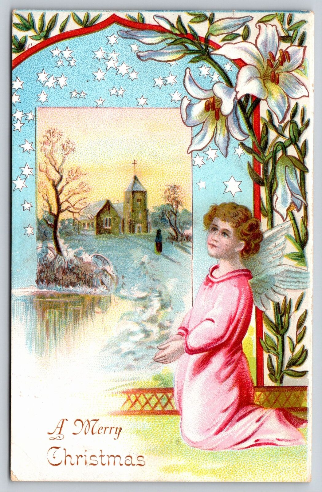 Christmas~Cupid Kneeling White Flowers Christmas Greeting~Vintage Postcard