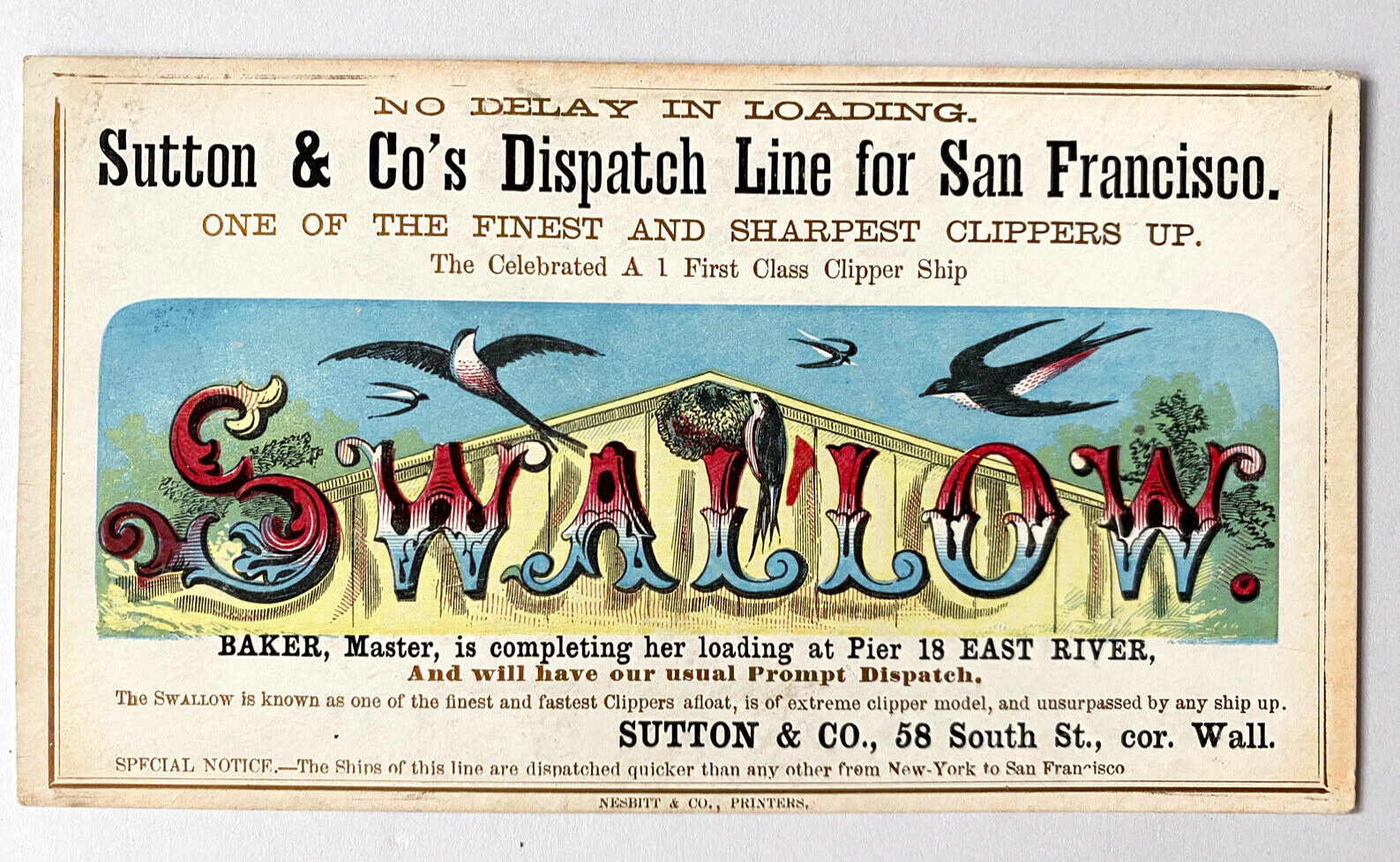RARE 1860 Swallow Clipper Ship Trade Card Beauty