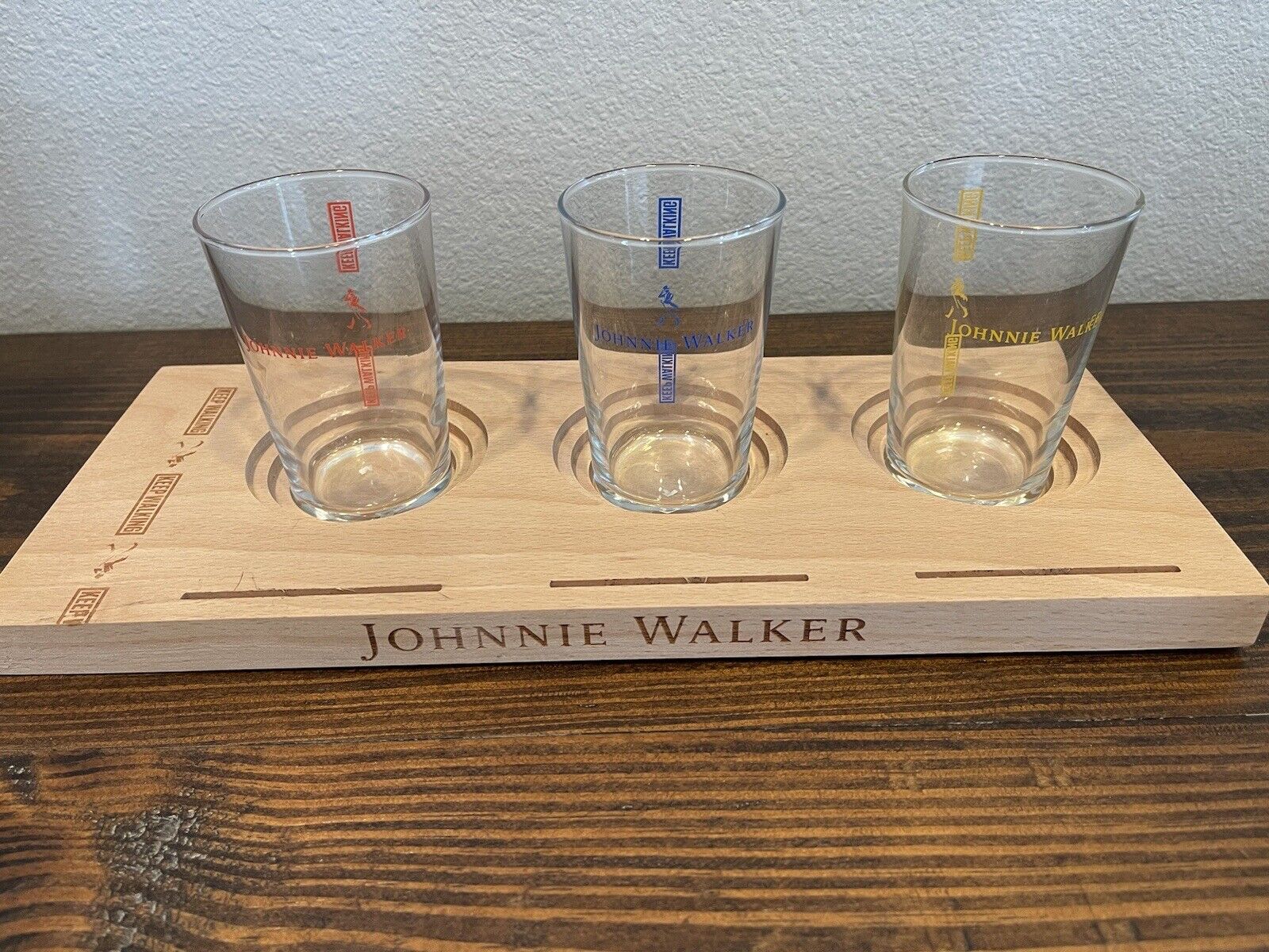 Johnnie Walker Keep Walking Whiskey Glasses Yellow, Red, Blue Logo Wooden Tray