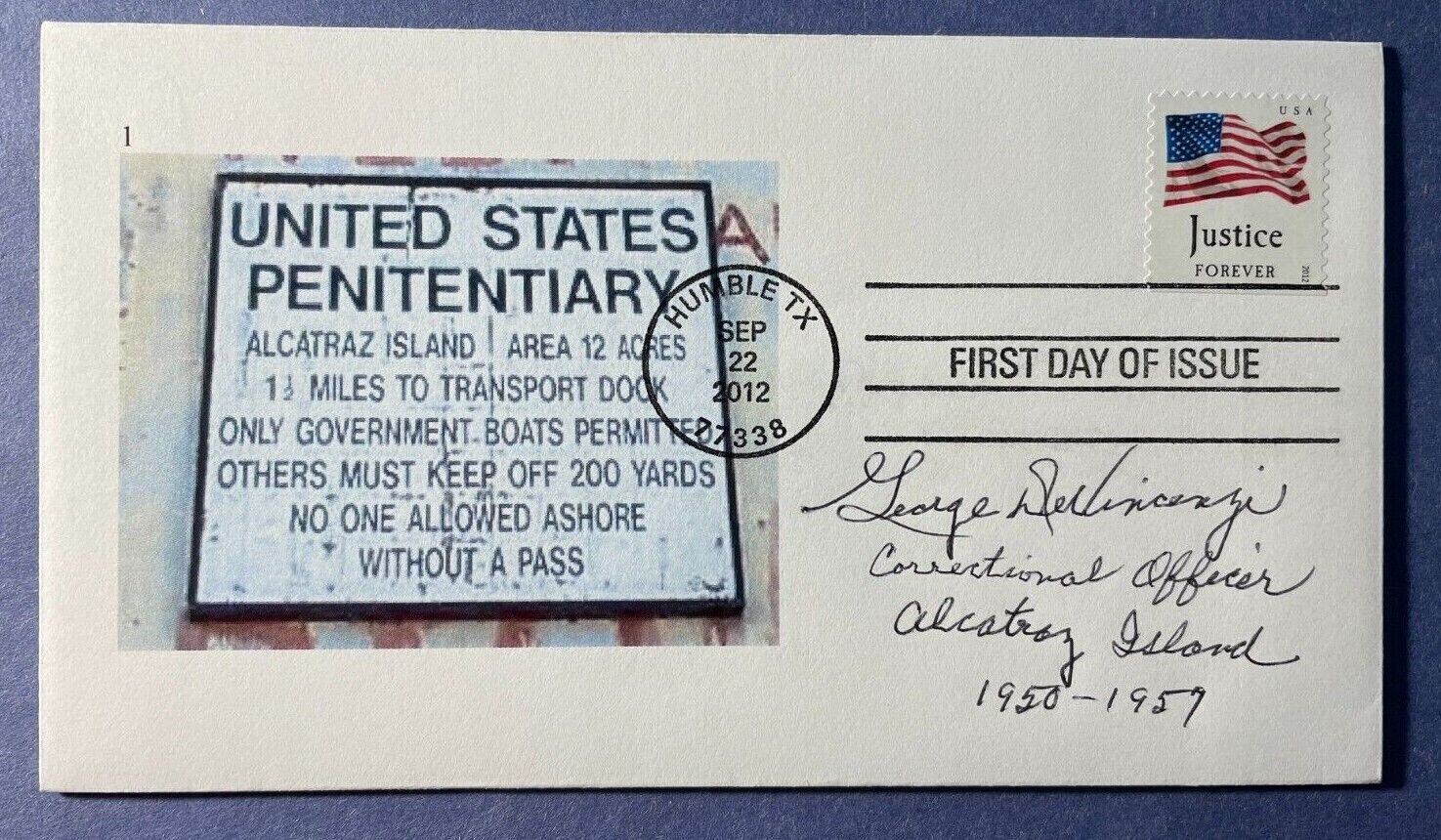 SIGNED GEORGE DeVINCENZI FDC AUTOGRAPHED FIRST DAY COVER - ALCATRAZ GUARD
