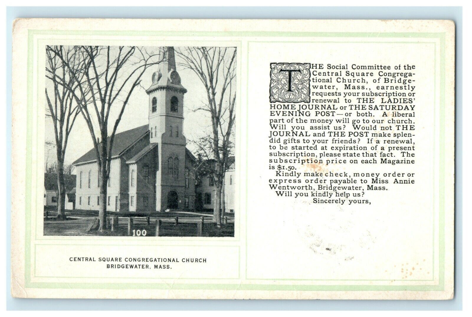 1908 Central Square Congregational Church Bridgewater Massachusetts MA Postcard