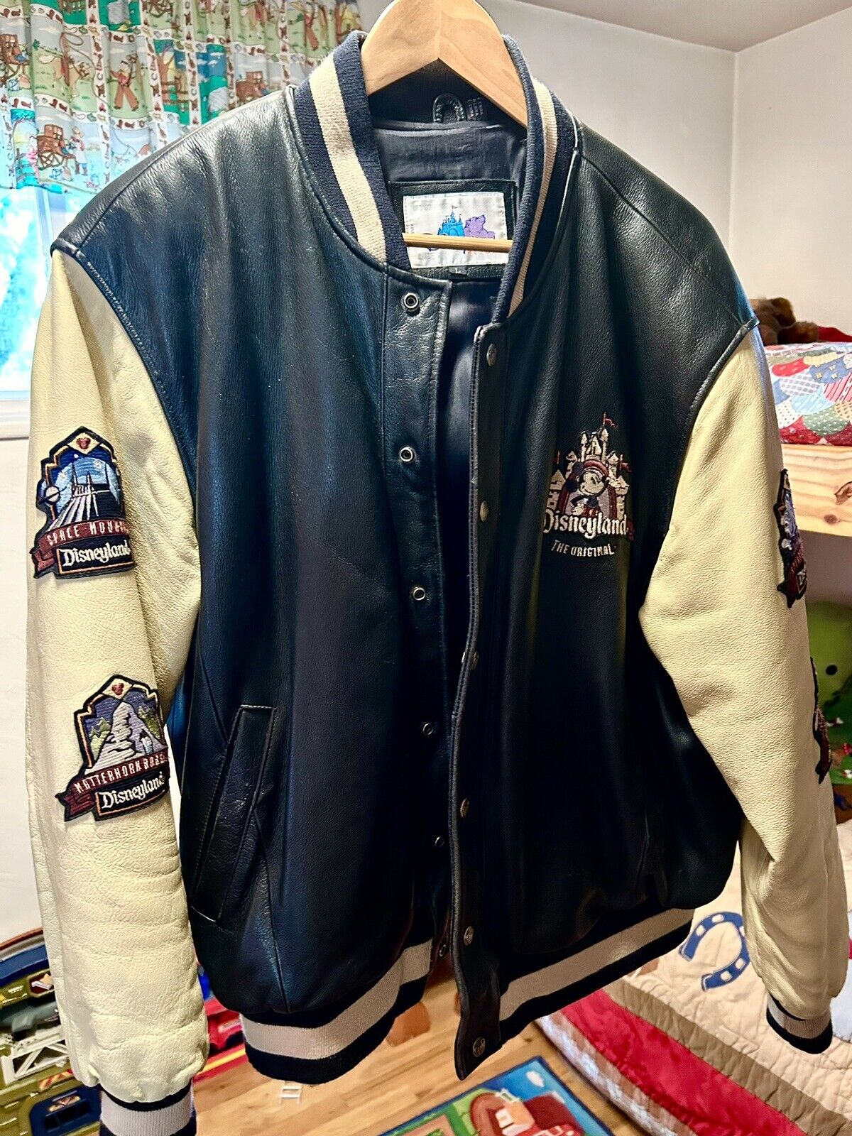 Very Rare Vintage Disneyland Black Leather Jacket Varsity Letterman L