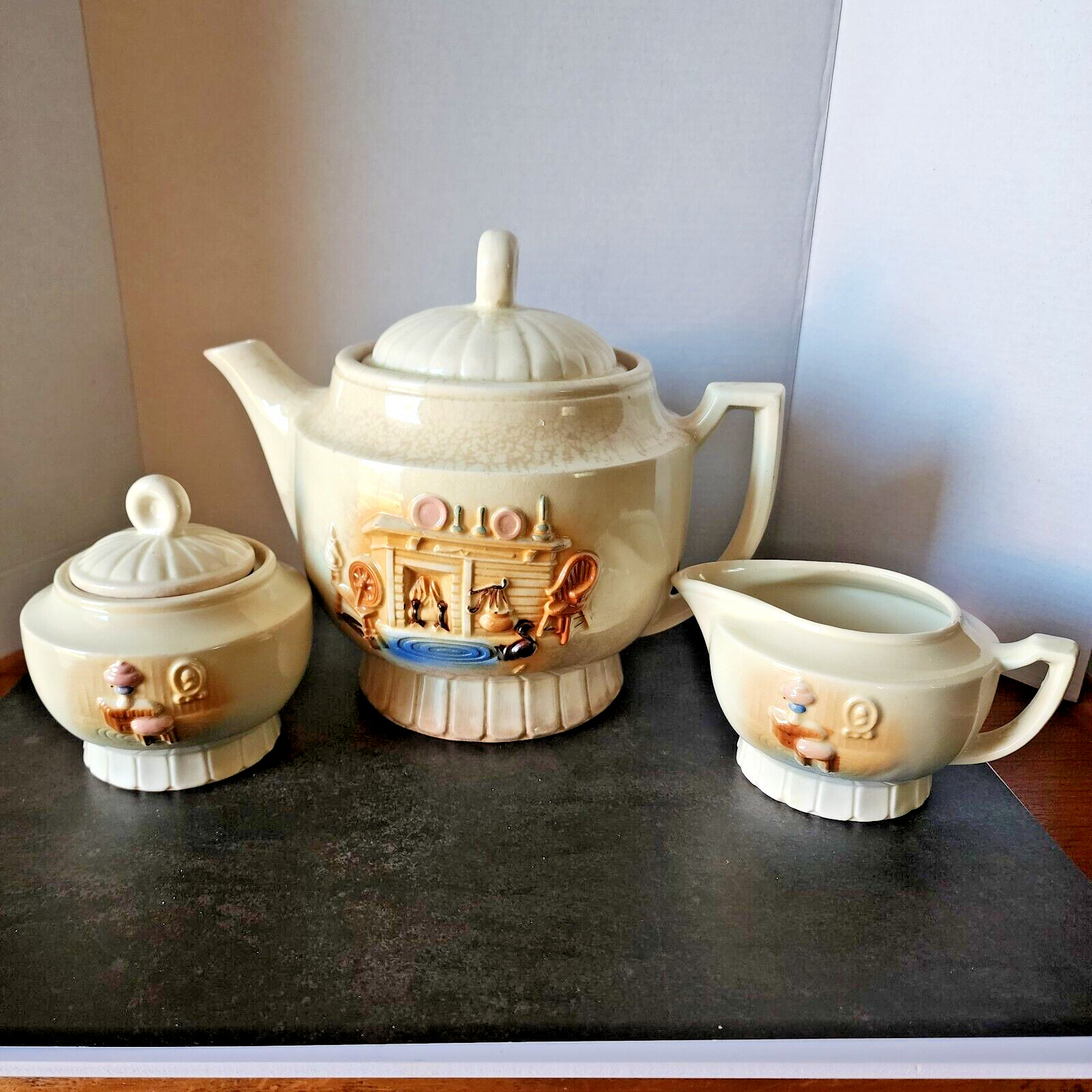 Vintage 1930\'s Porcelier Vitreous Teapot Set with Raised Hearth  Cottage-Uranium