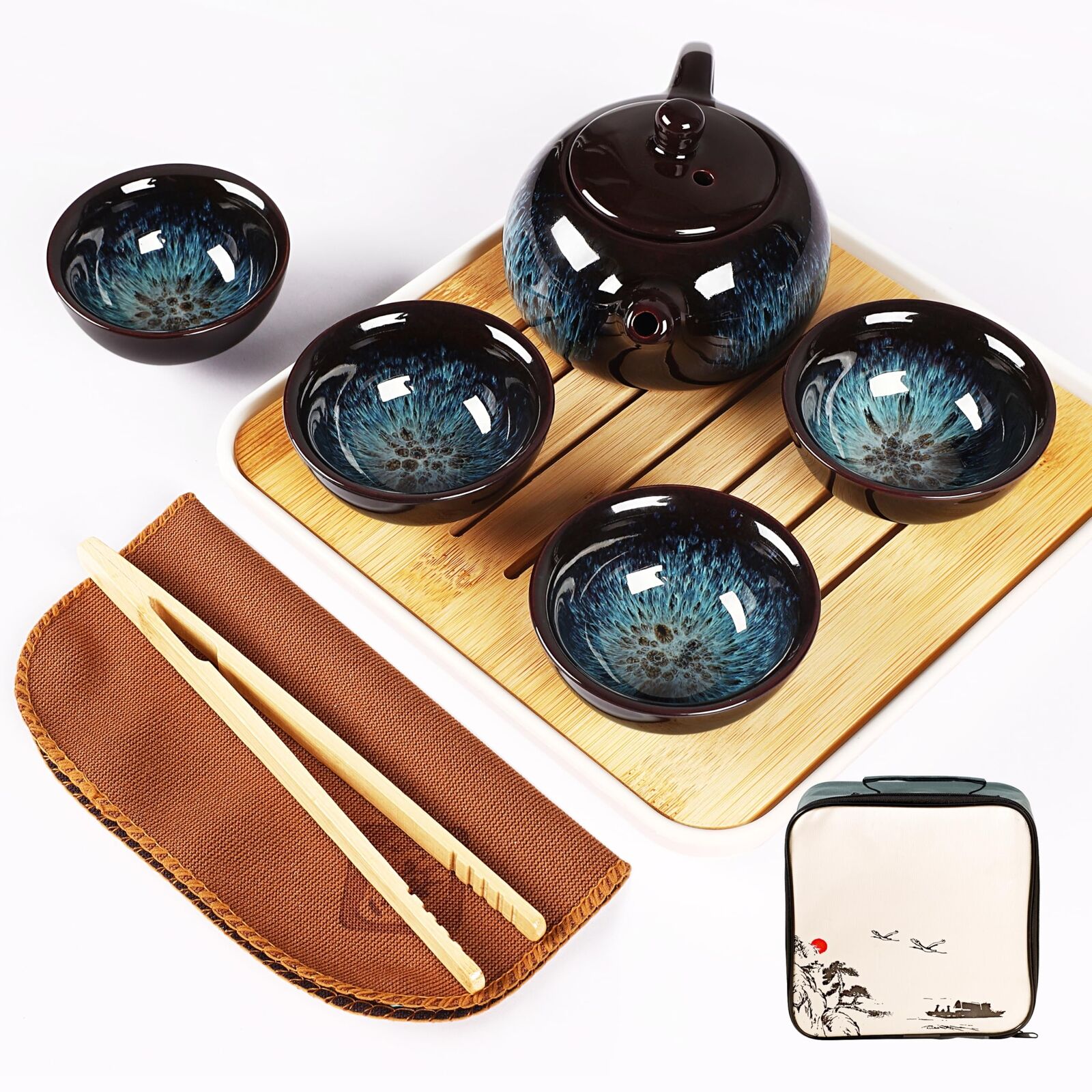 Portable Chinese Gongfu Tea Sets, Procelain Teapot Set with Gift Bag, Exquisi...