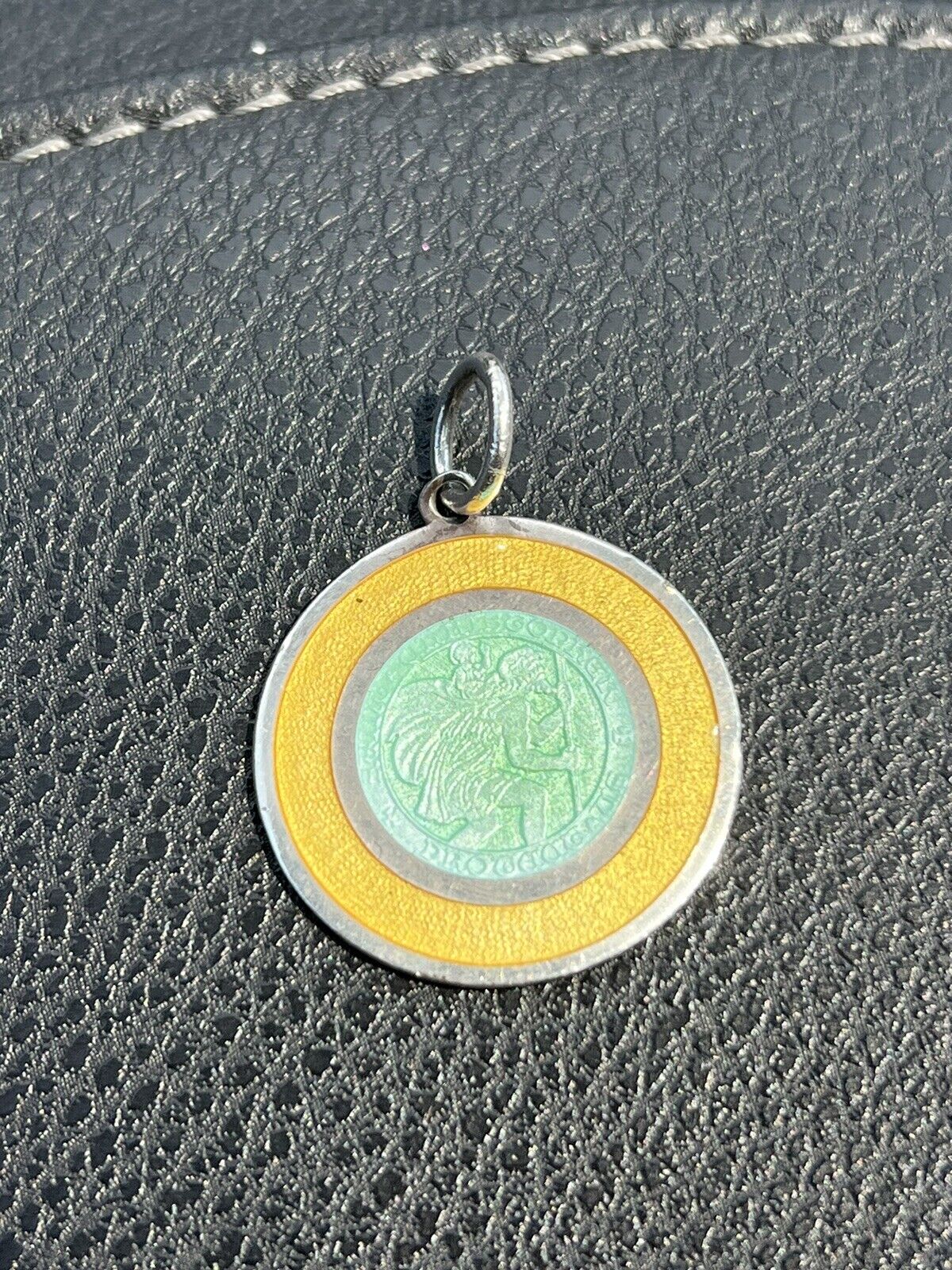 Saint Christopher Yellow Light Green Enamel Sterling Silver Pendant 1.5 Inches