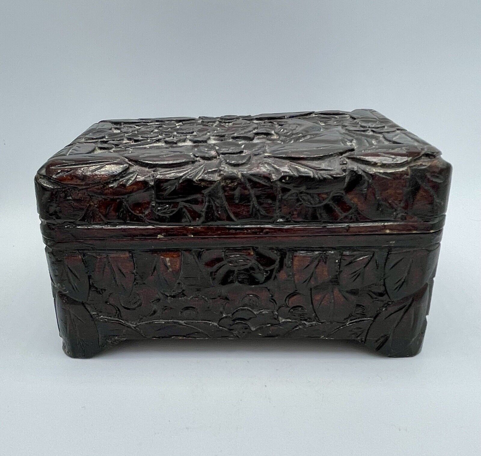 Vintage Hand Carved Wood Box with Carved Flowers and Bird Red Lining