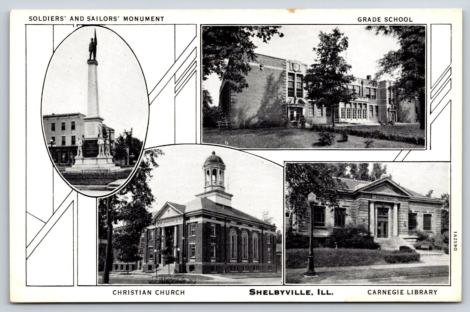Old Vintage Antique Postcard Monument School Church Library Shelbyville Illinois