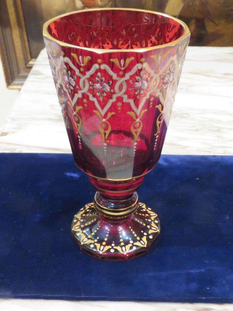 $1500 MAGNIFICENT RARE 19TH CENTURY HANDPAINTED CRANBERRY GLASS MOSER GOBLET