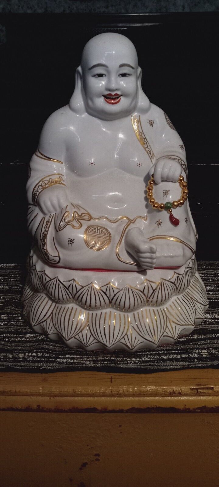 20th cen. SEATED Chinese porcelain buddha statue vtg art pottery figurine beads 