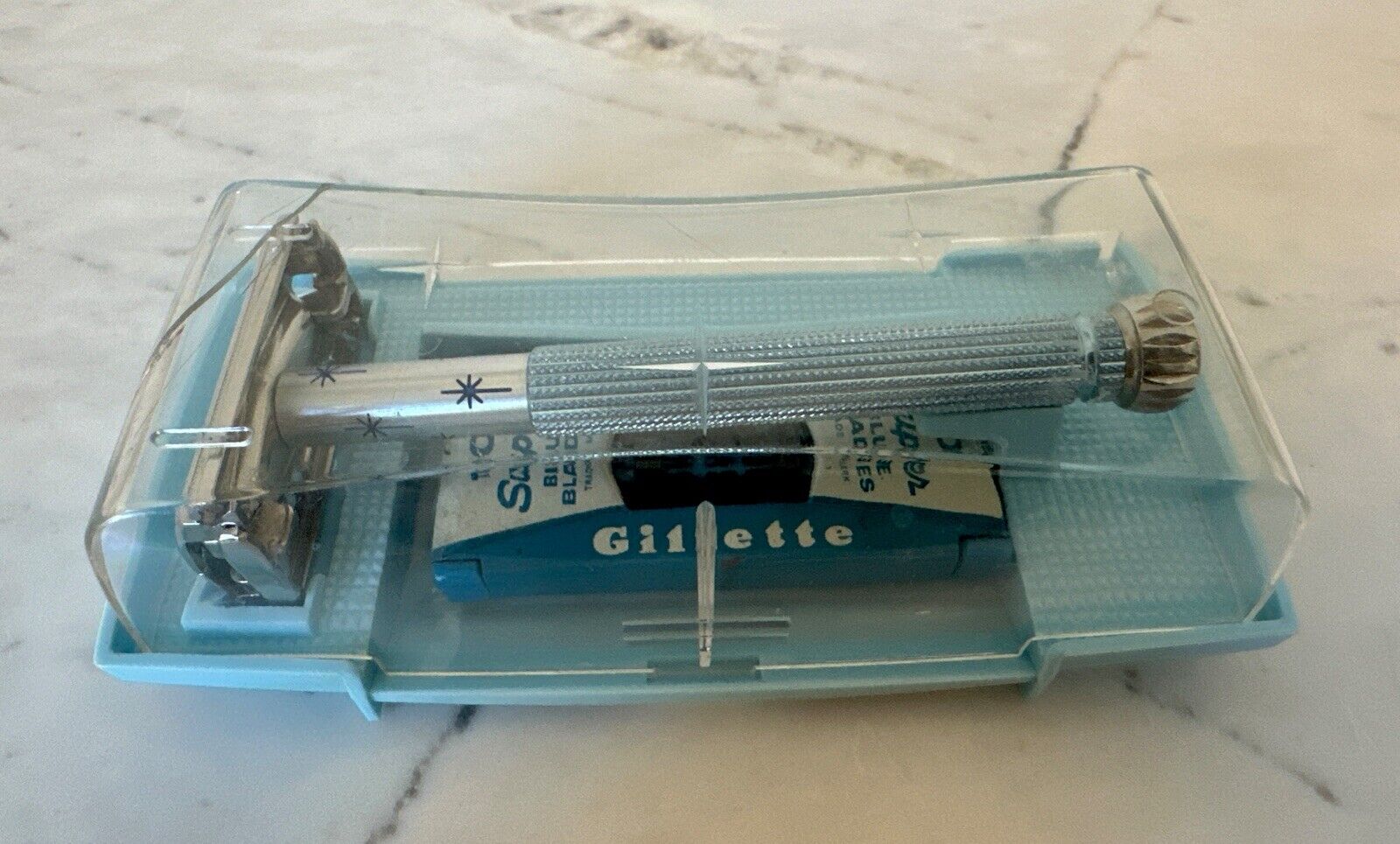 Vintage Lady Gillette Blue Starburst DE Safety Razor TTO Set/1966 L2/NICE