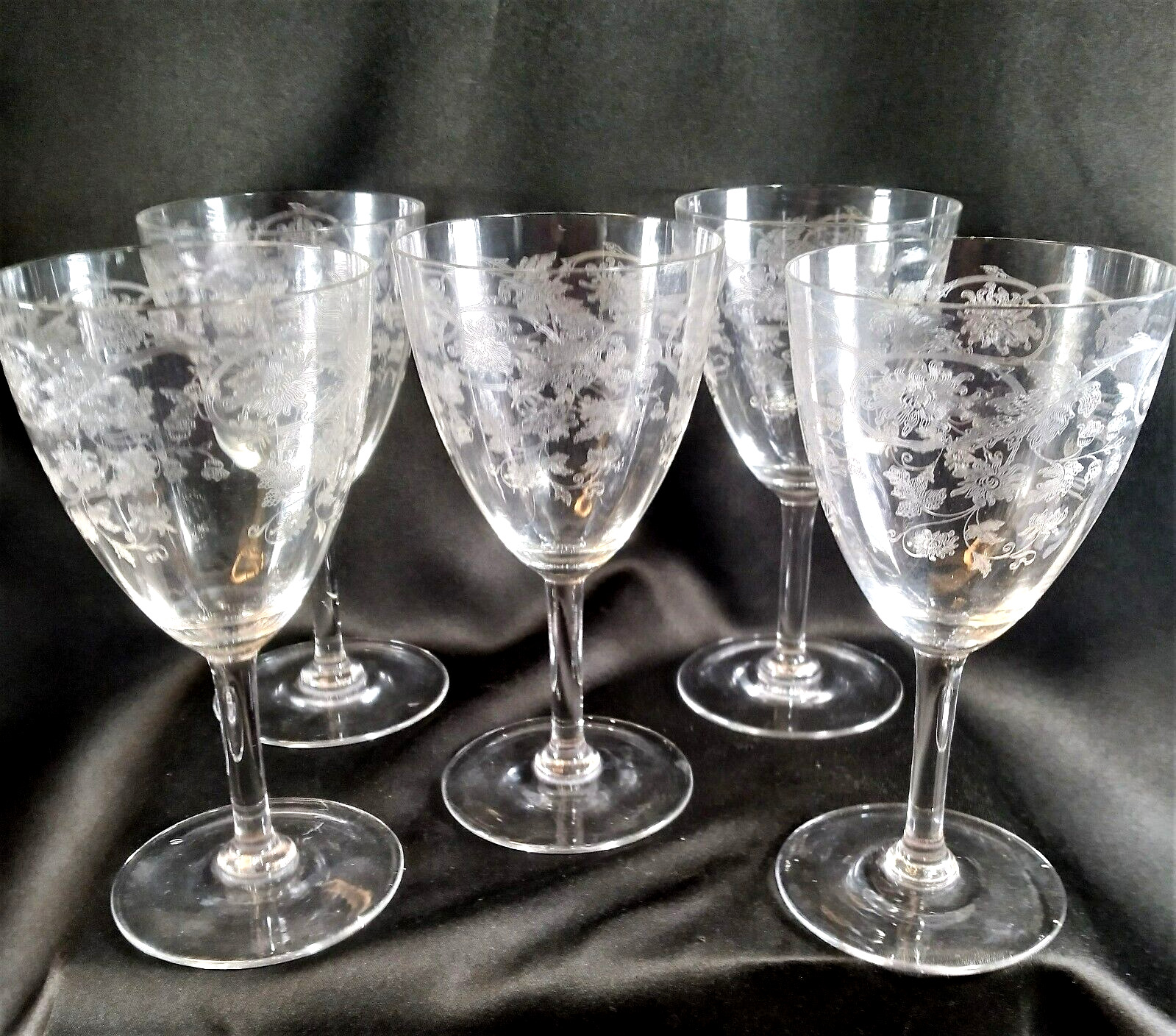 5 Antique Heisey Sabrina Stem Water Glasses Clear Floral Etched Optic Panel Bowl