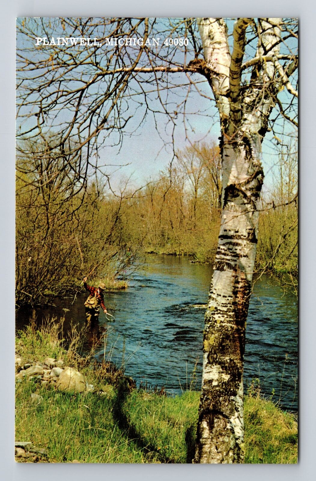 Plainwell MI-Michigan, Fishing on River, Antique Souvenir Vintage Postcard