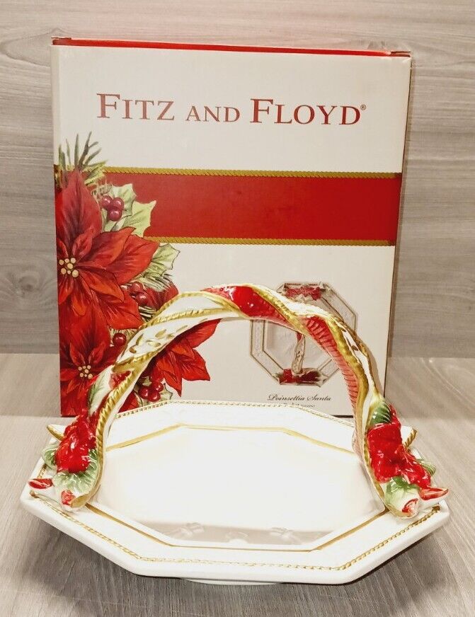 Fitz and Floyd 49-358 Poinsettia Santa Bread basket, Red White