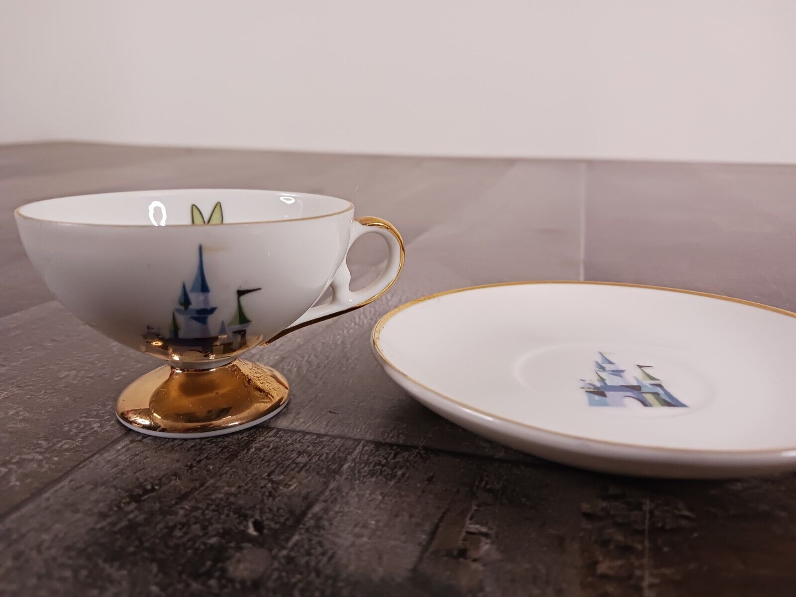 Vintage 1960\'s Disneyland Tinker Bell Castle Tea Cup & Saucer Set  Gold Trim