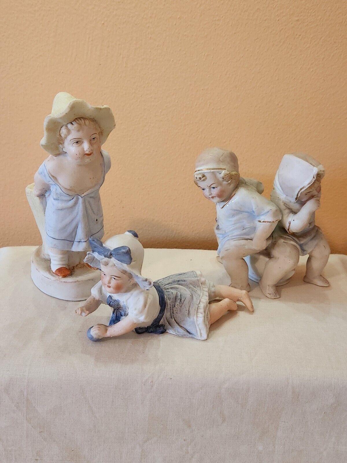 ANTIQUE BISQUE FIGURINES, MATCH/TOOTHPICK,  GIRL, 2 KIDS ON POTTY?? *AS FOUND*